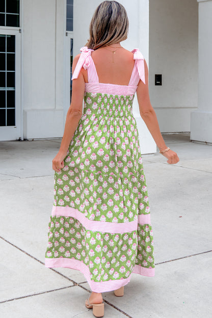 Floral Print Striped Detail Knot Straps Maxi Dress