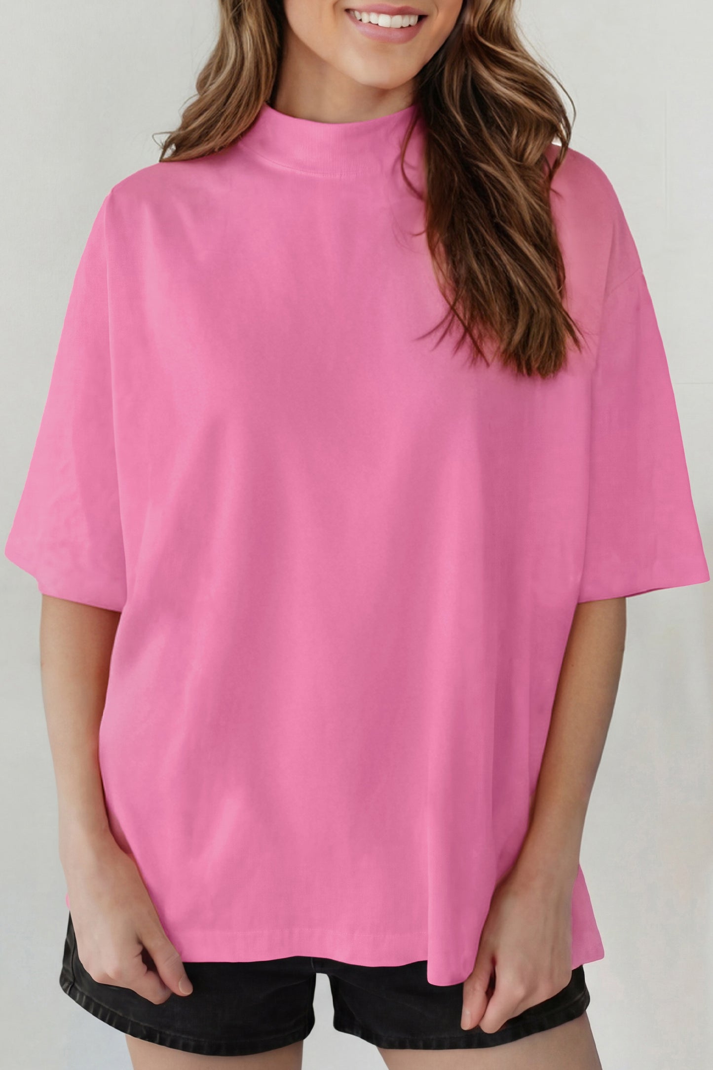 Pink Solid Color High Neck Oversize Tee