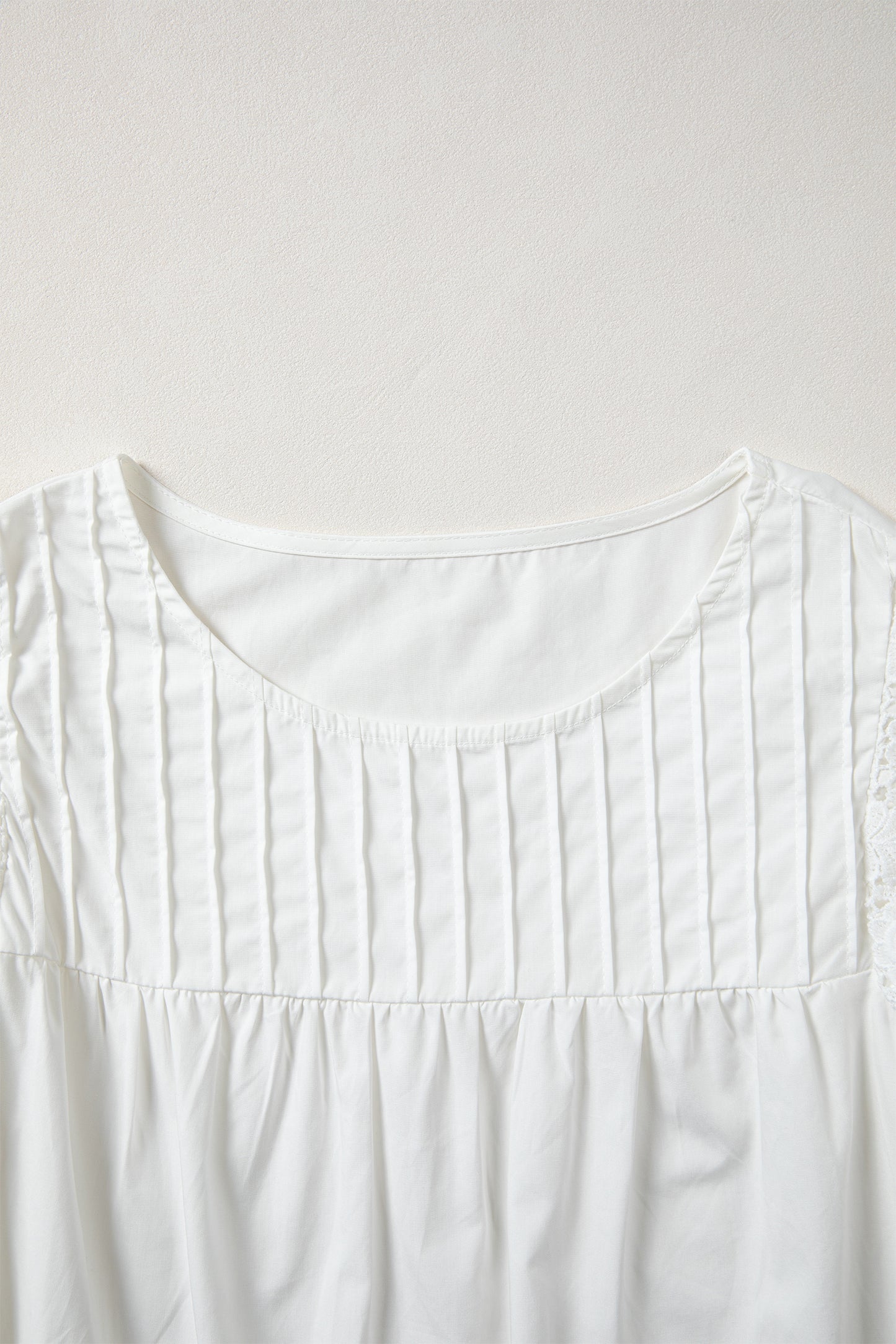 Lace Detail Flutter Sleeve Pleated Round Neck Blouse