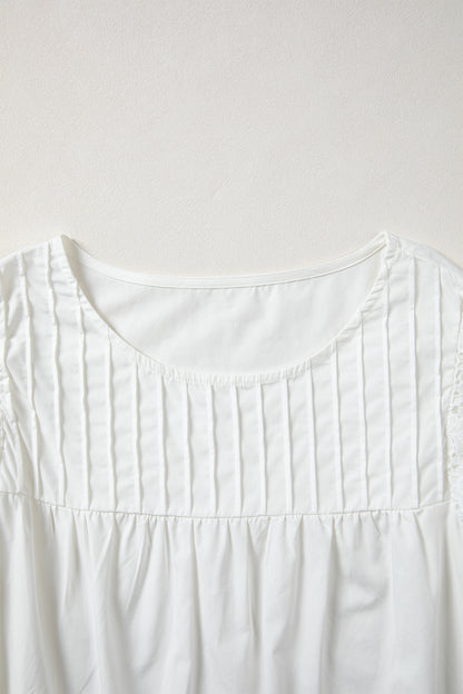 Lace Detail Flutter Sleeve Pleated Round Neck Blouse
