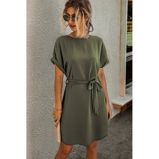 Round Neck Solid Tie Waist Dress | Dress - Women's | 2024, above the knee, Dress, LK | Elings