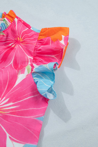 Multicolour Vibrant Flower Printed Tie V Neck Ruffle Trim Sleeveless Blouse