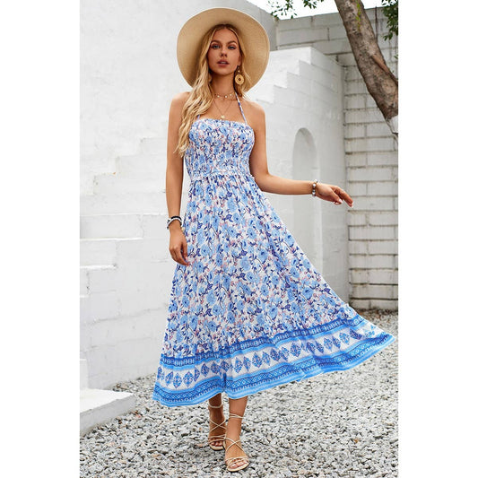 Floral Print Halter Sleeveless Low Back Dress | Dress - Women's | Dress, F, floral, midi dress, new arrival | Elings