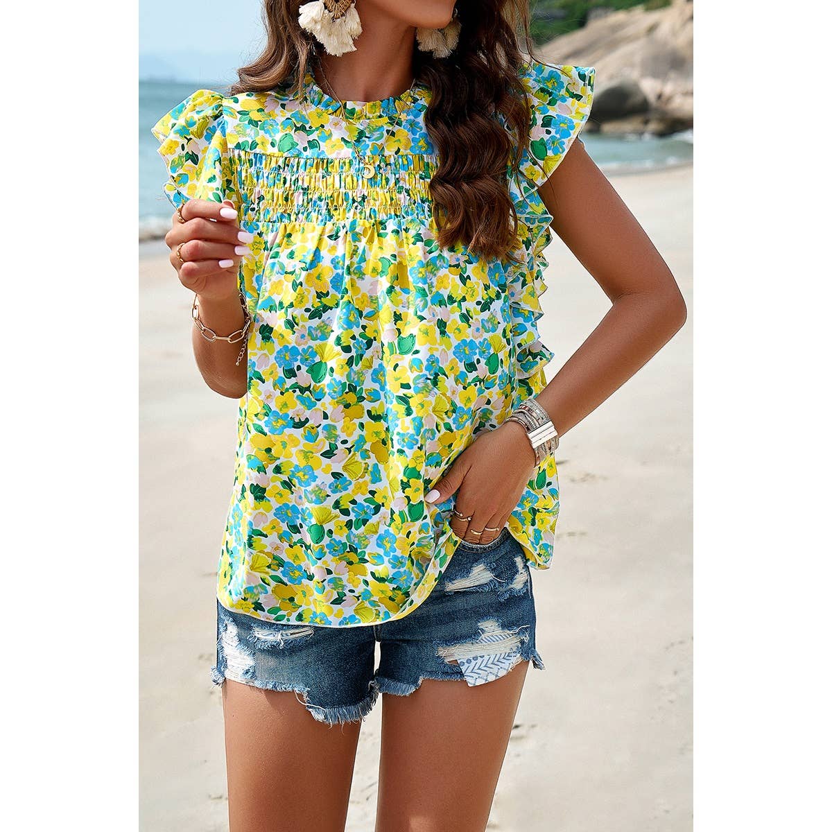 Floral Print Ruched Loose Fit Flutter Sleeve Top - Elings
