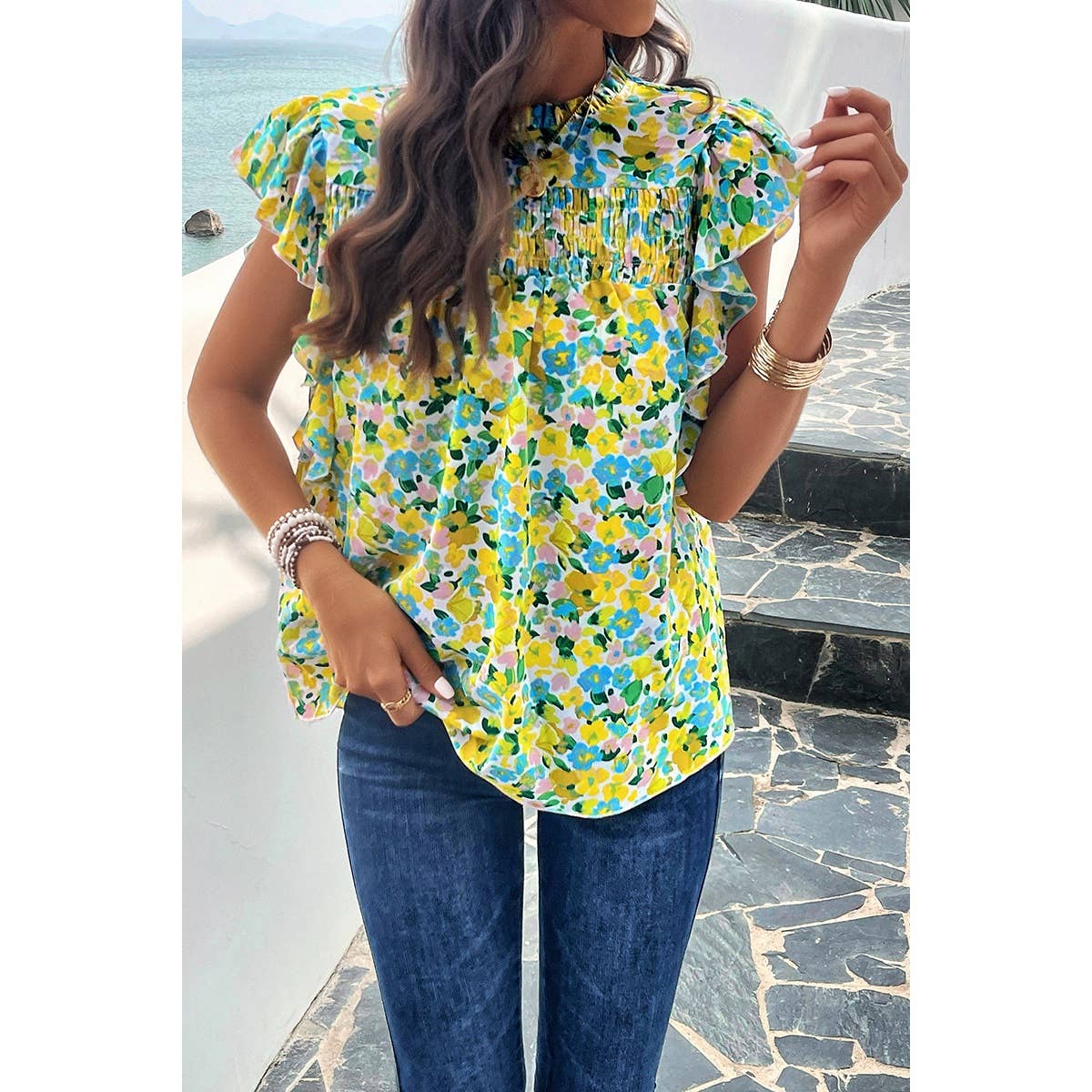 Floral Print Ruched Loose Fit Flutter Sleeve Top - Elings