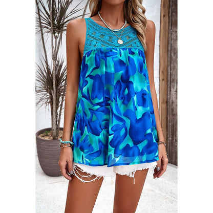 Floral Sleeveless Color Block Lace Loose Top