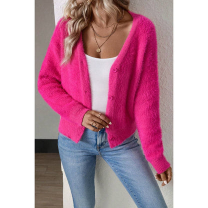 Fuzzy Fleece Button Open Front V Neck Cardigan
