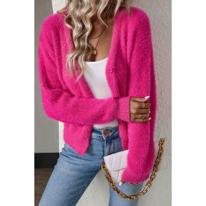 Fuzzy Fleece Button Open Front V Neck Cardigan