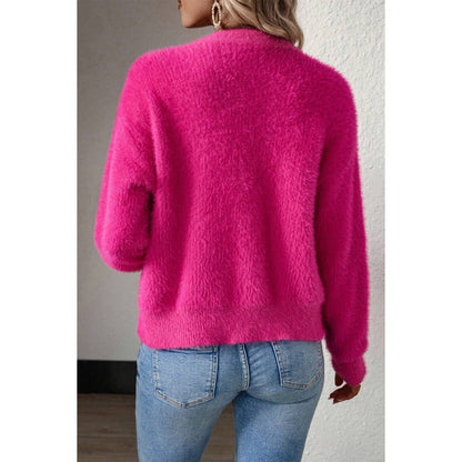 Fuzzy Fleece Button Open Front V Neck Cardigan