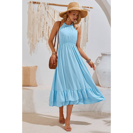 Halter Sleeveless Elastic Waist Ruffle Dress