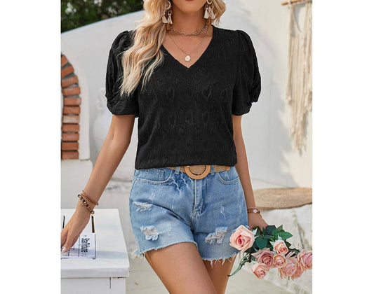 Heart Print V Neck Solid Puff Sleeves Fit Top - Elings