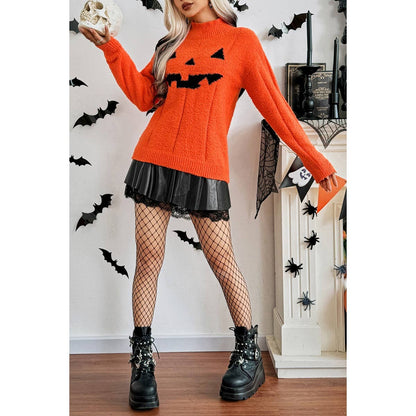 High Collar Fuzzy Pumpkin Face Pullover Sweatshirt