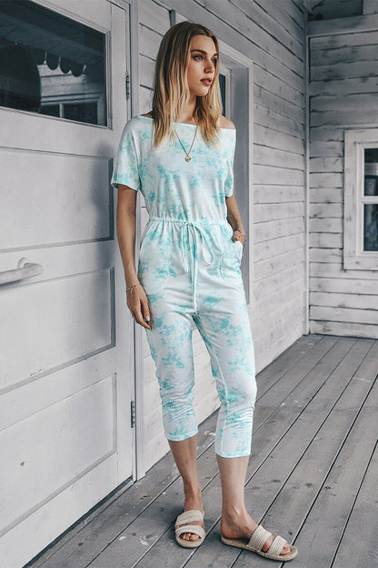One Shoulder Printed Short Sleeve Drawstring Jumpsuit