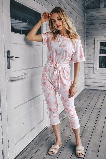 One Shoulder Printed Short Sleeve Drawstring Jumpsuit