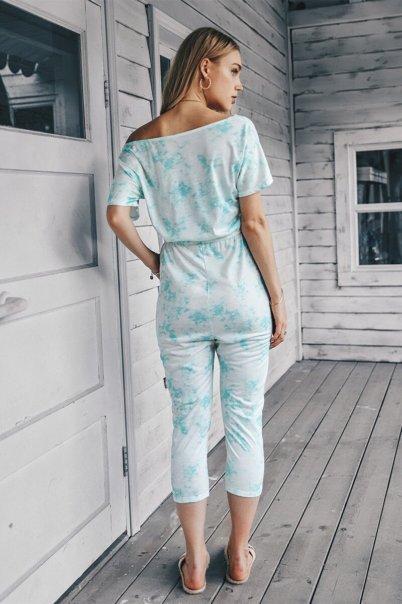 One Shoulder Printed Short Sleeve Drawstring Jumpsuit