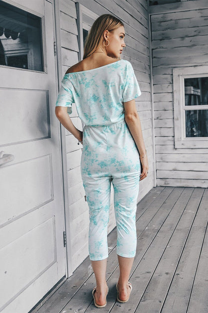 One Shoulder Printed Short Sleeve Drawstring Jumpsuit