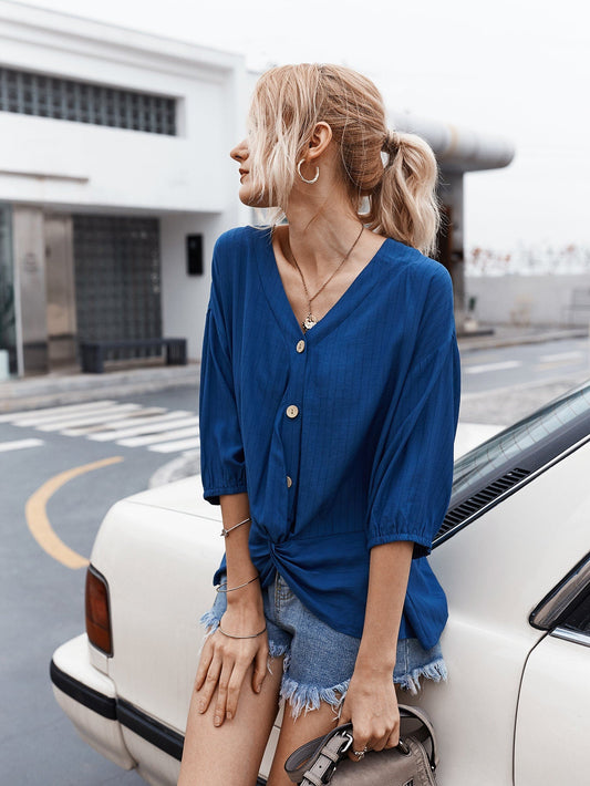 Vibrant V Neck Ruffle Button Down Top