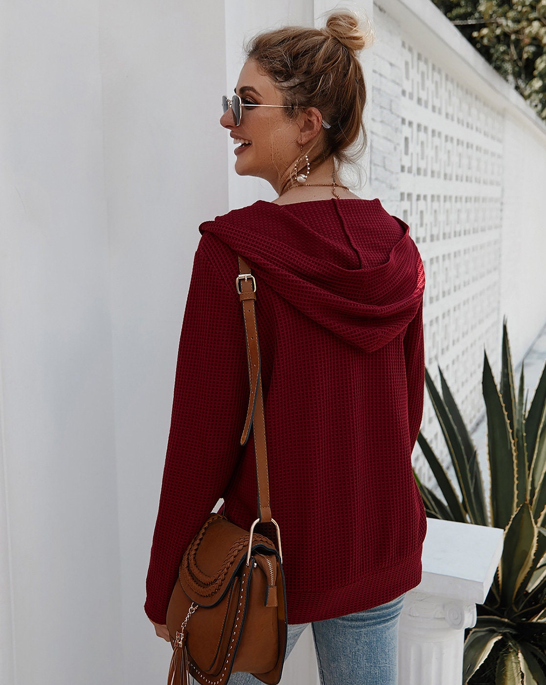 Cardigan V Neck Solid Hooded Button Down Knitted Oversize Women Sweater