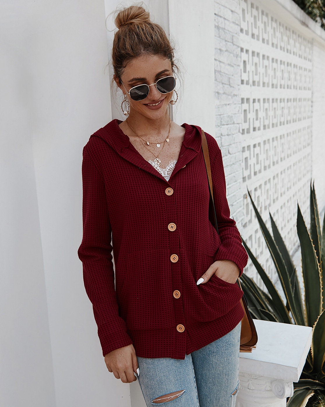 Cardigan V Neck Solid Hooded Button Down Knitted Oversize Women Sweater