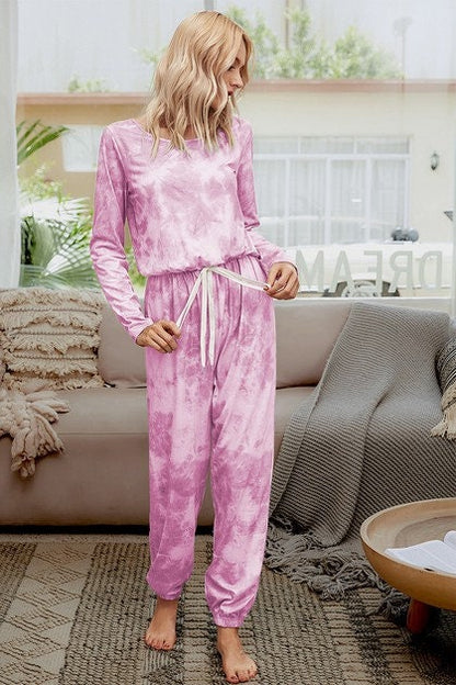 Tie Dye Round Neck Drawstring Long Sleeve Jumpsuit