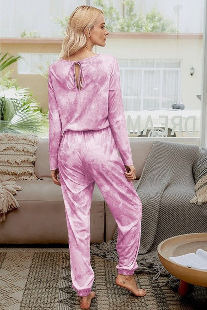 Tie Dye Round Neck Drawstring Long Sleeve Jumpsuit