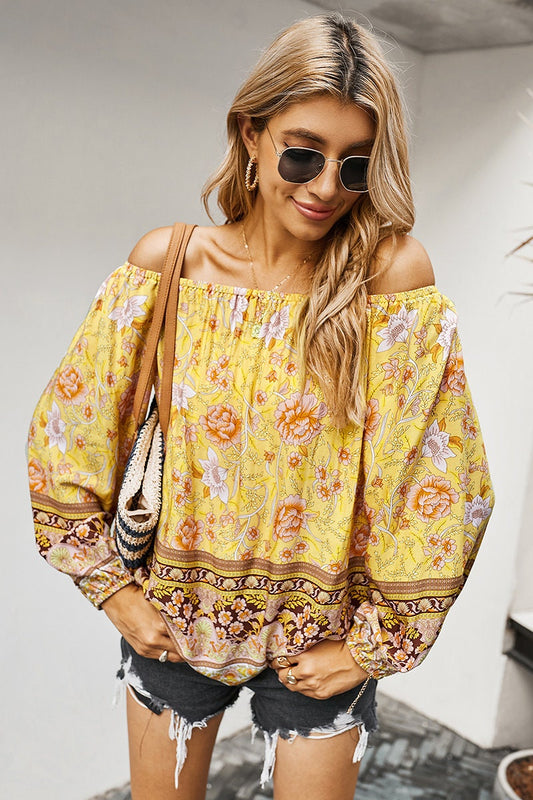 Boho Floral Off Shoulder Ruffle Tunic Blouse