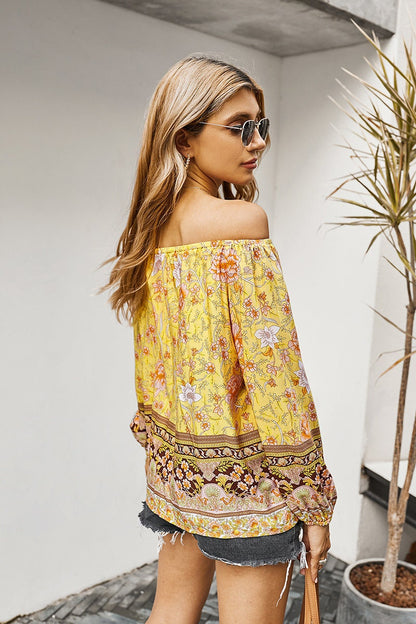 Boho Floral Off Shoulder Ruffle Tunic Blouse