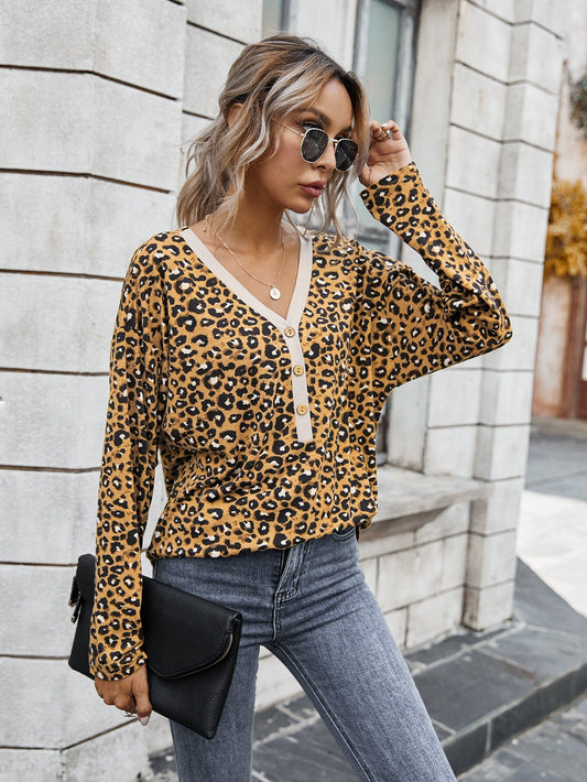 Leopard Print V Neck Button Up Top