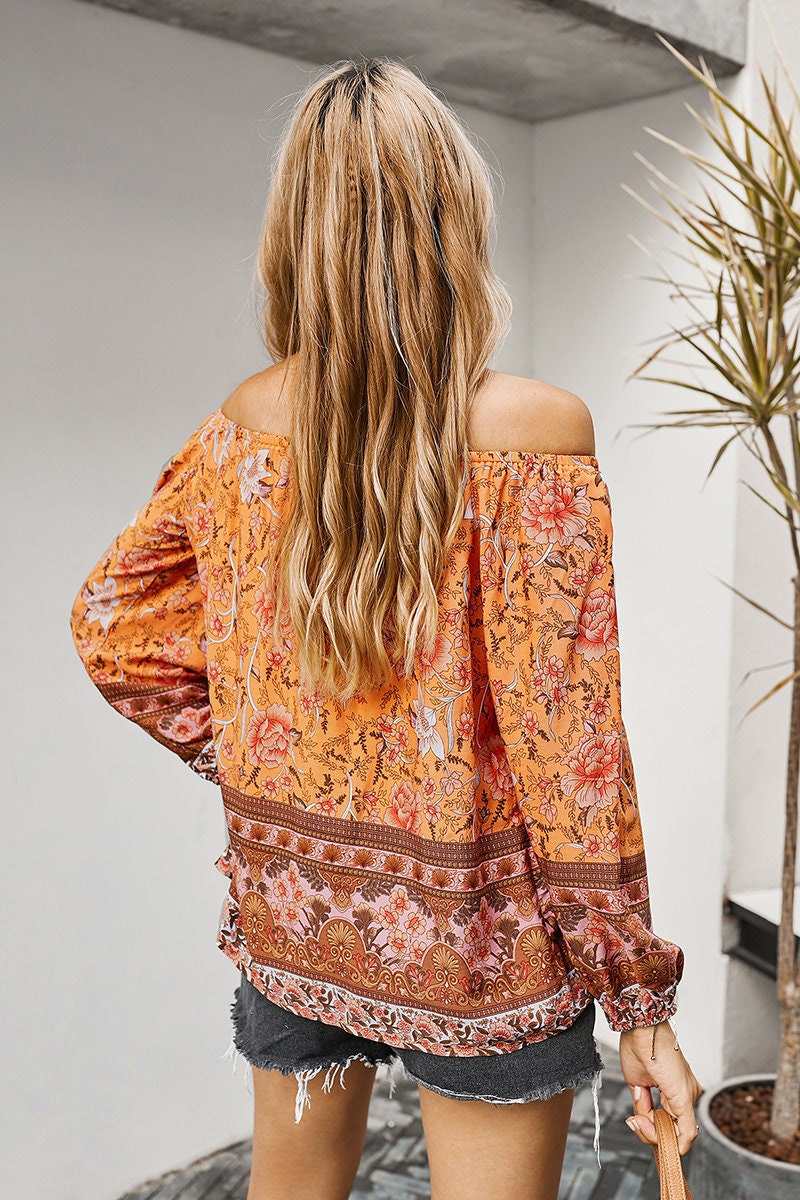 Boho Floral Off Shoulder Ruffle Tunic Blouse
