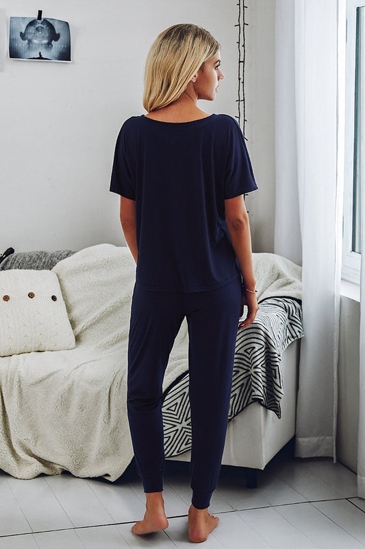 Round Neck Short Sleeve Solid Loungewear Pajamas Set