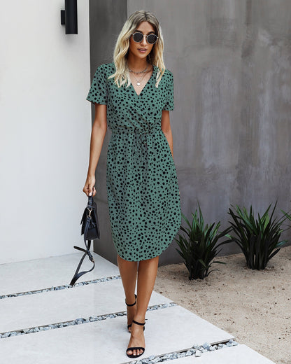 Polka Dot V Neck Midi Dress