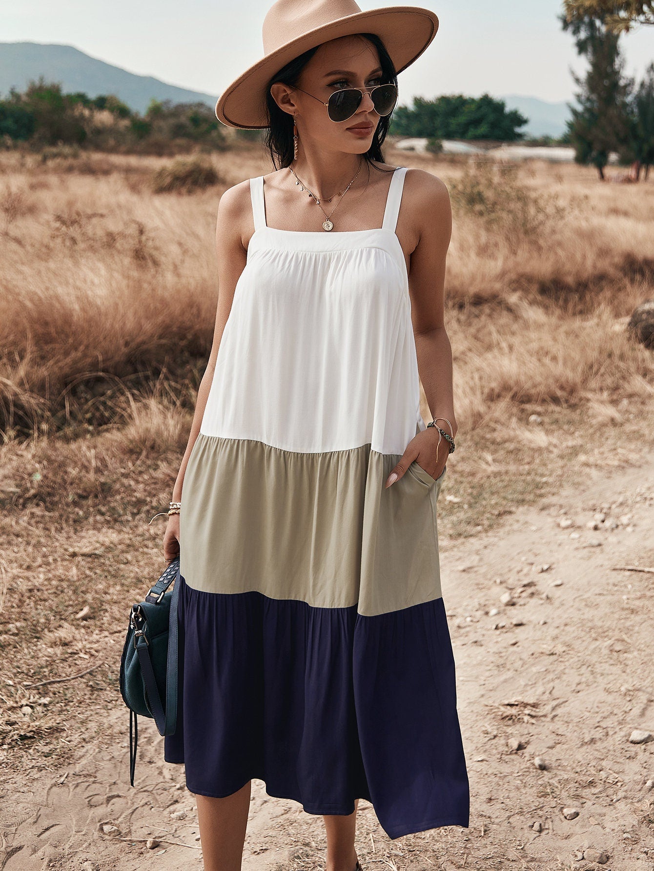 Colorful Ruffle Pocket Midi Dress