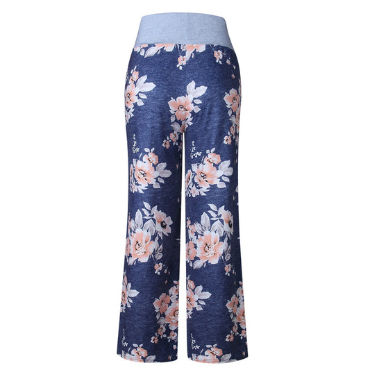 Loose Fit Wide Leg Flower Print Drawstring Full Length High Rise Bottom Pants