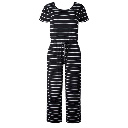 Short Dress Scoop Neck Striped Print Wide Leg Drawstring Pockets Loose Fit Jumpsuit