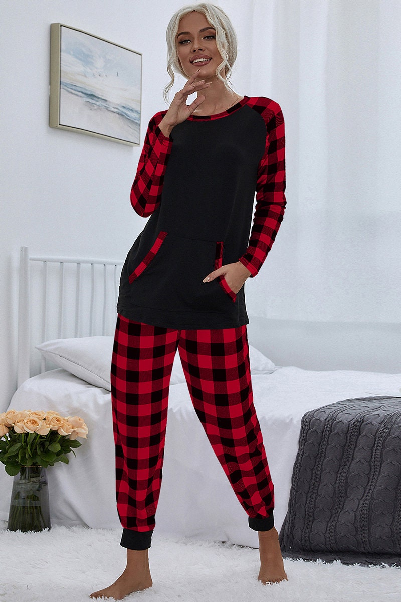 Plaid Long Sleeve Color Block Top and Pants Pajamas Sets