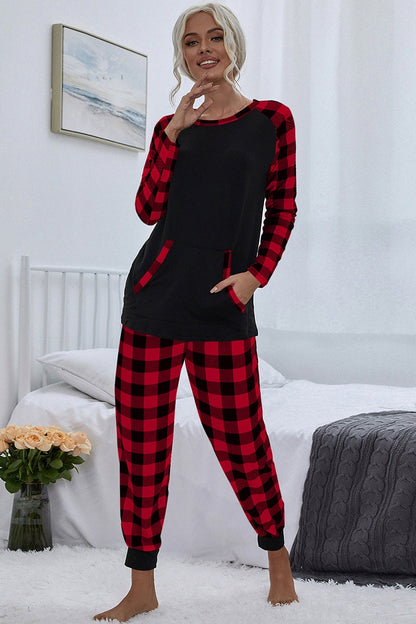 Plaid Long Sleeve Color Block Top and Pants Pajamas Sets