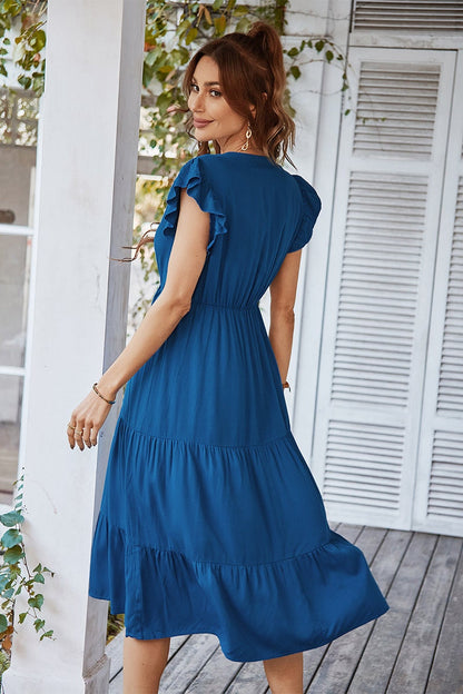 Vneck Ruffled Sleeves Tiered Midi Dress
