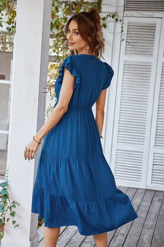 Vneck Ruffled Sleeves Tiered Midi Dress