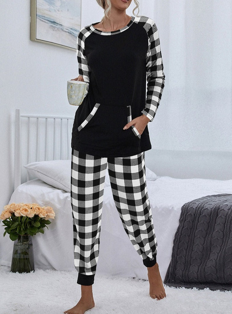 Plaid Long Sleeve Color Block Top and Pants Pajamas Sets | Lounge Set - Women's | Loungewear | Elings