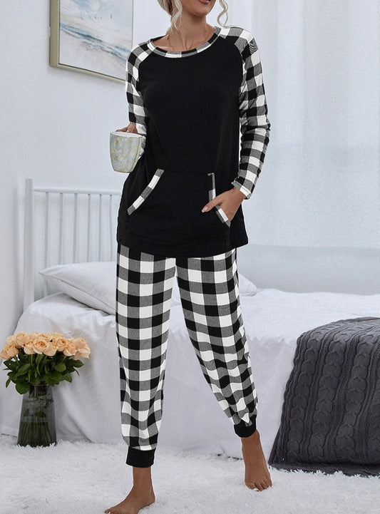 Plaid Long Sleeve Color Block Top and Pants Pajamas Sets | Lounge Set - Women's | Loungewear | Elings