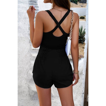 Knit Elastic Waist Sleeveless Cross Back Romper - Elings