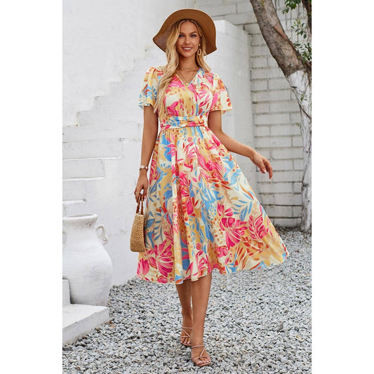 Leaf Print V Neck Cross Belt Fit Dress