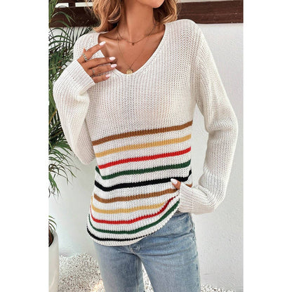 Multicolor Striped Pattern V Neck Knitted Sweater