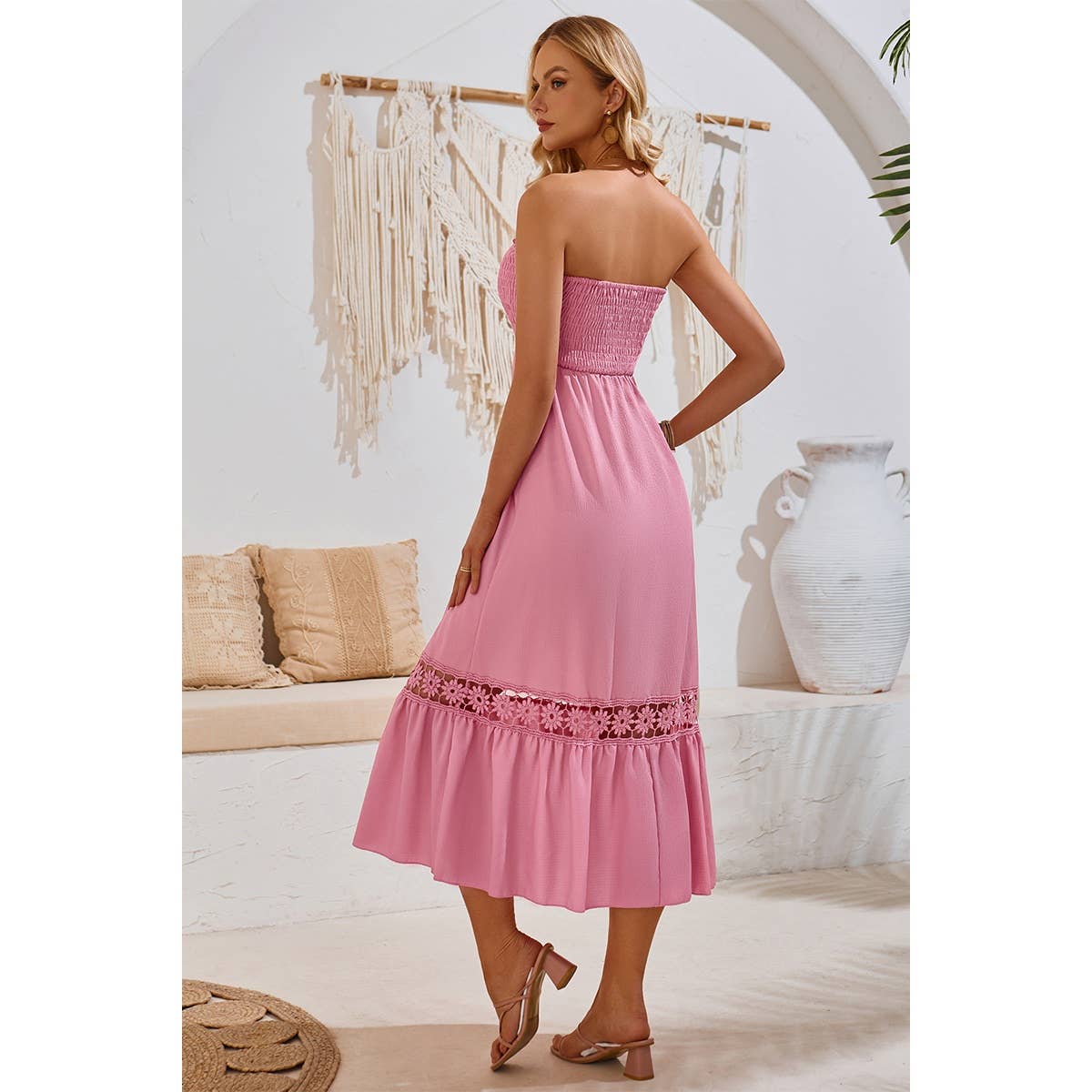 Off Shoulder Button Trim Knot Ruffle Lace Dress
