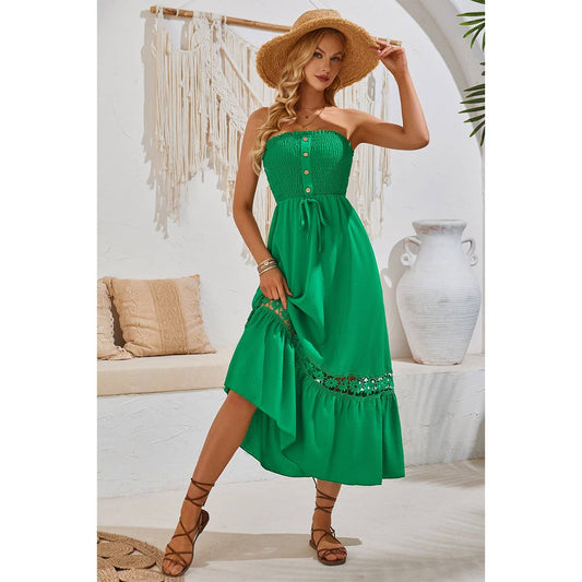 Off Shoulder Button Trim Knot Ruffle Lace Dress