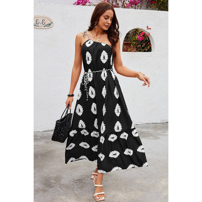 One Shoulder Print Belt Sleeveless Ruffle Dress
