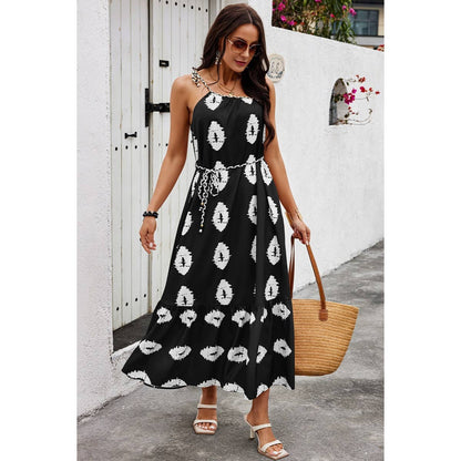 One Shoulder Print Belt Sleeveless Ruffle Dress