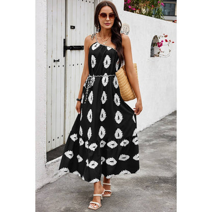 One Shoulder Print Belt Sleeveless Ruffle Dress