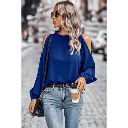 Open Shoulder Solid Loose Mock Neck Top - Elings