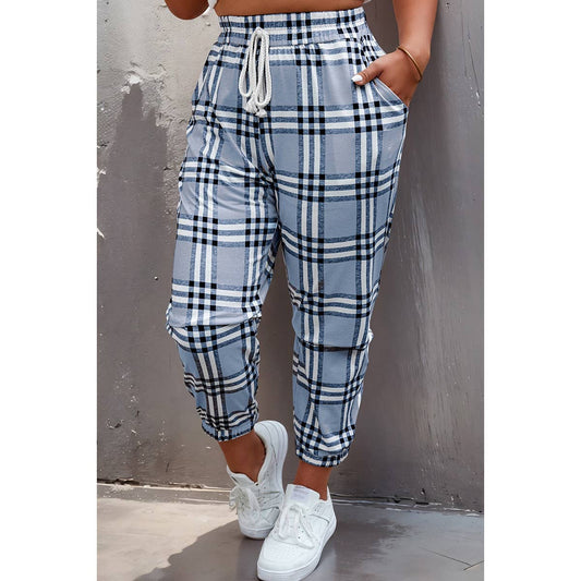 Plus Plaid Print Elastic Waist Fit Pockets Pant